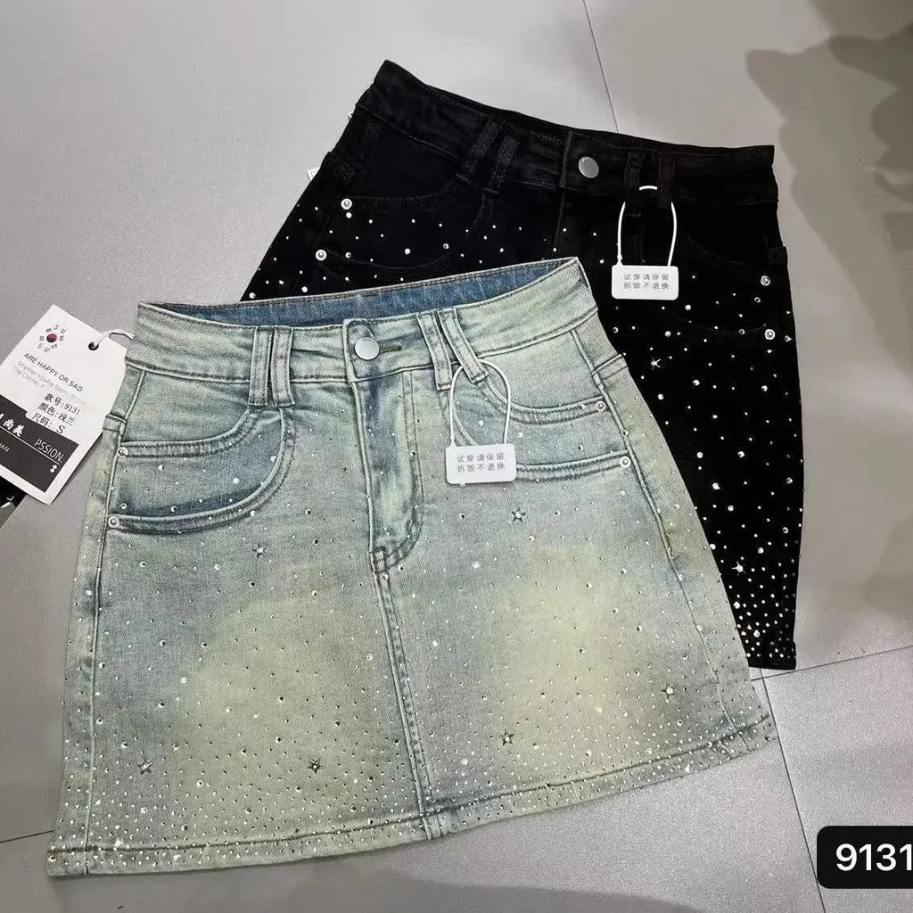 Starry Hot Rhinestone Denim Skirt for Women Summer New Retro Slimming A-Line Sheath Denim Skirt