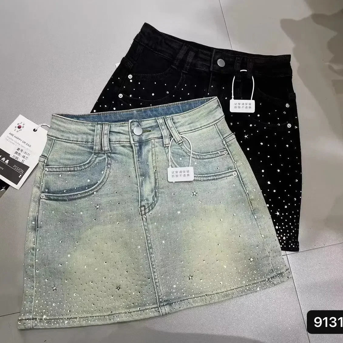 Starry Hot Rhinestone Denim Skirt for Women Summer New Retro Slimming A-Line Sheath Denim Skirt