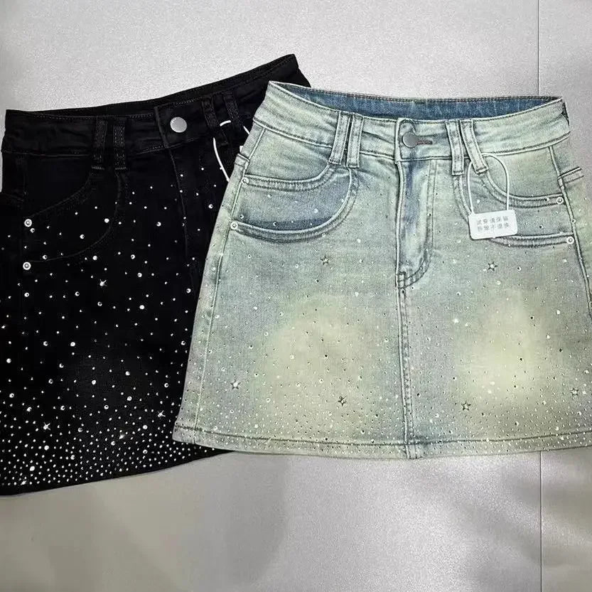 Starry Hot Rhinestone Denim Skirt for Women Summer New Retro Slimming A-Line Sheath Denim Skirt