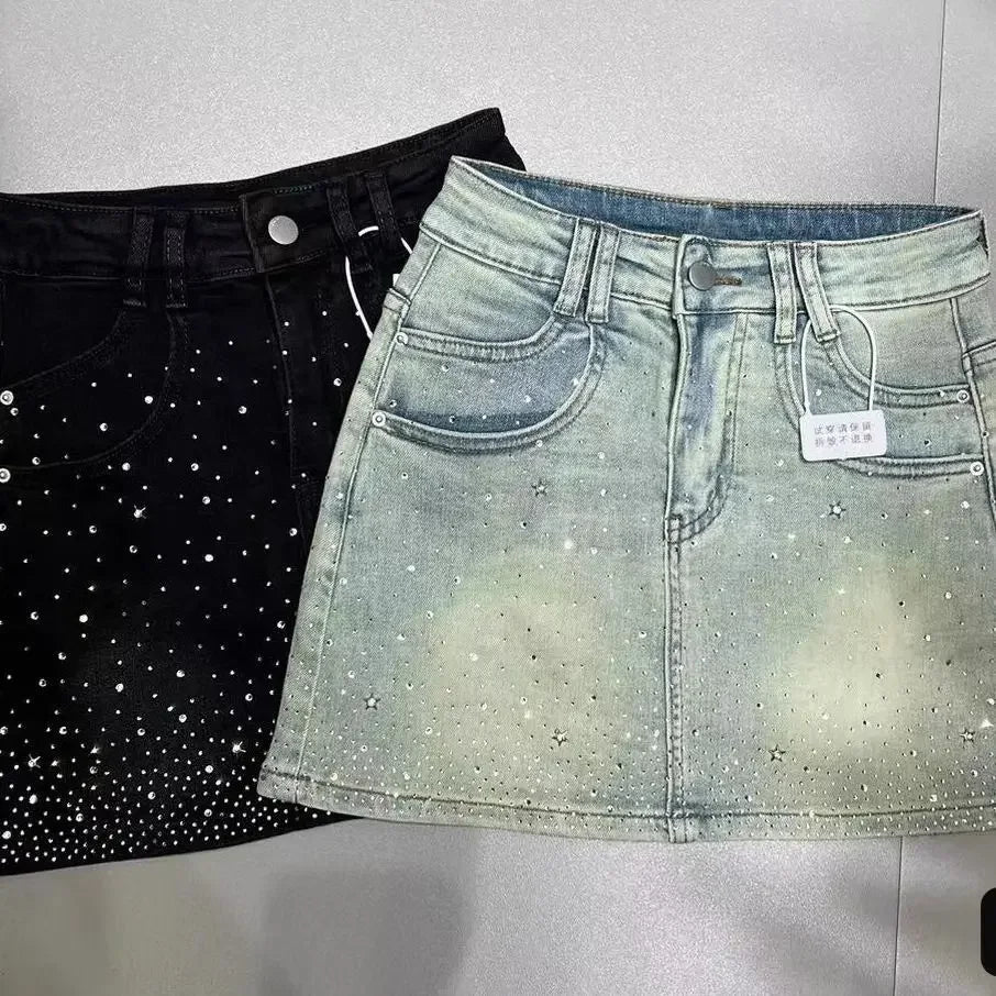 Starry Hot Rhinestone Denim Skirt for Women Summer New Retro Slimming A-Line Sheath Denim Skirt